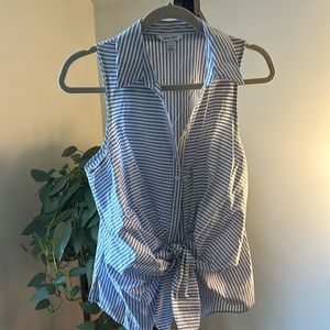 Nine West blue and white striped twist front button down shirt